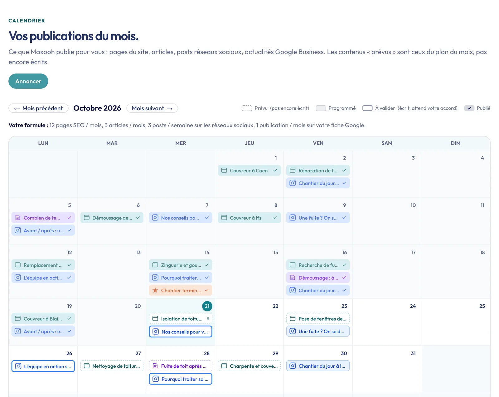 Le calendrier de l'espace client Maxooh : chaque publication du mois avec son état (prévu, programmé, à valider, publié)