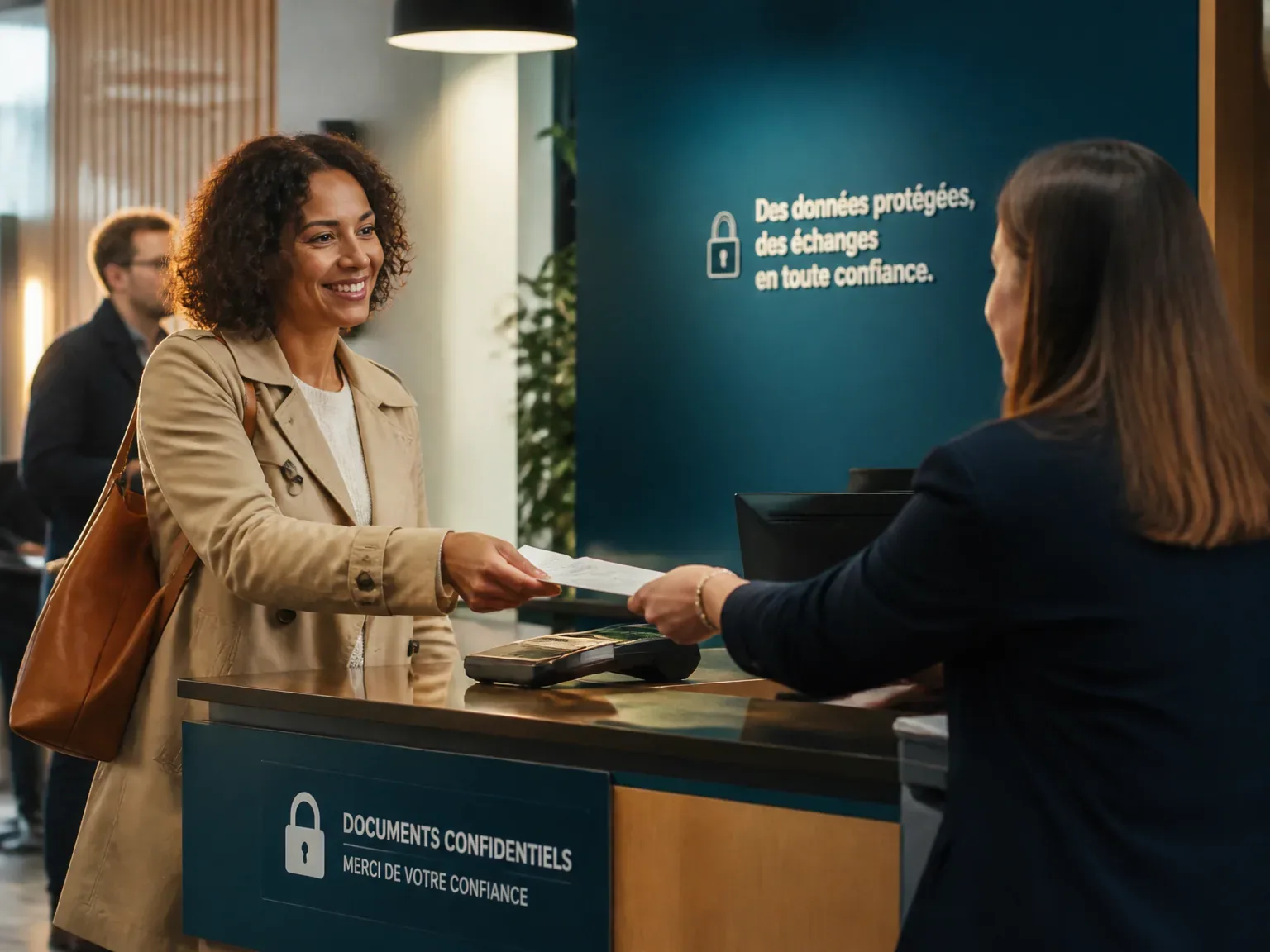Client féminine souriante au comptoir de service avec le personnel