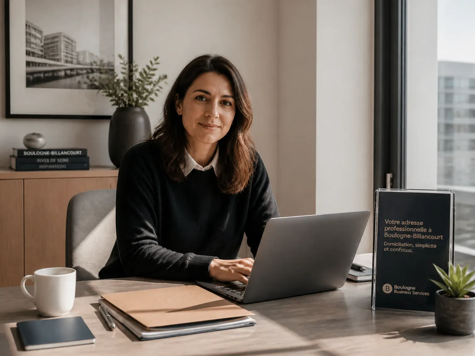 Cadre professionnel accueillant dans un bureau moderne à Boulogne-Billancourt, travailleur en tenue casual chic