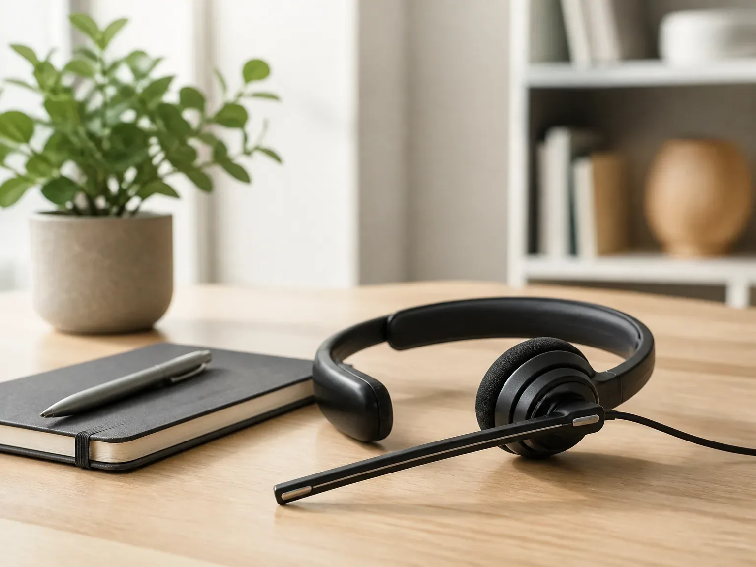 Premier plan d’un casque téléphonique et matériel de bureau, ambiance calme et professionnelle
