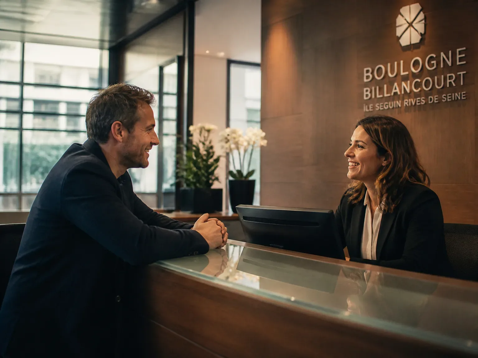 Client consultantant avec l’agent de location dans un hall moderne