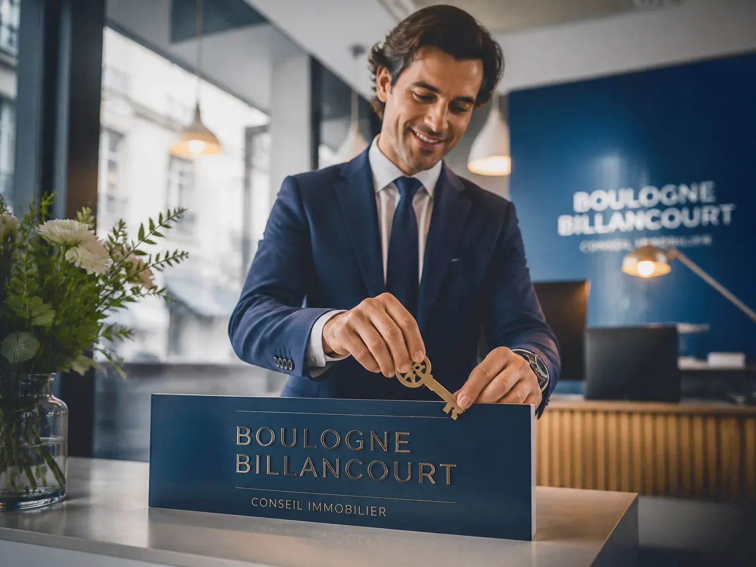 Professionnel souriant devant une zone d’accueil lumineuse