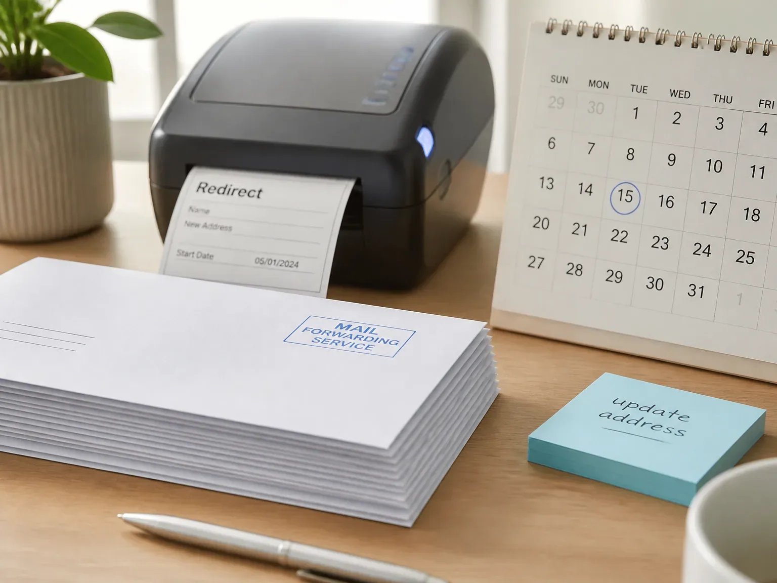 Plan-packshot d'une station de travail ordonnée pour réexpédition du courrier