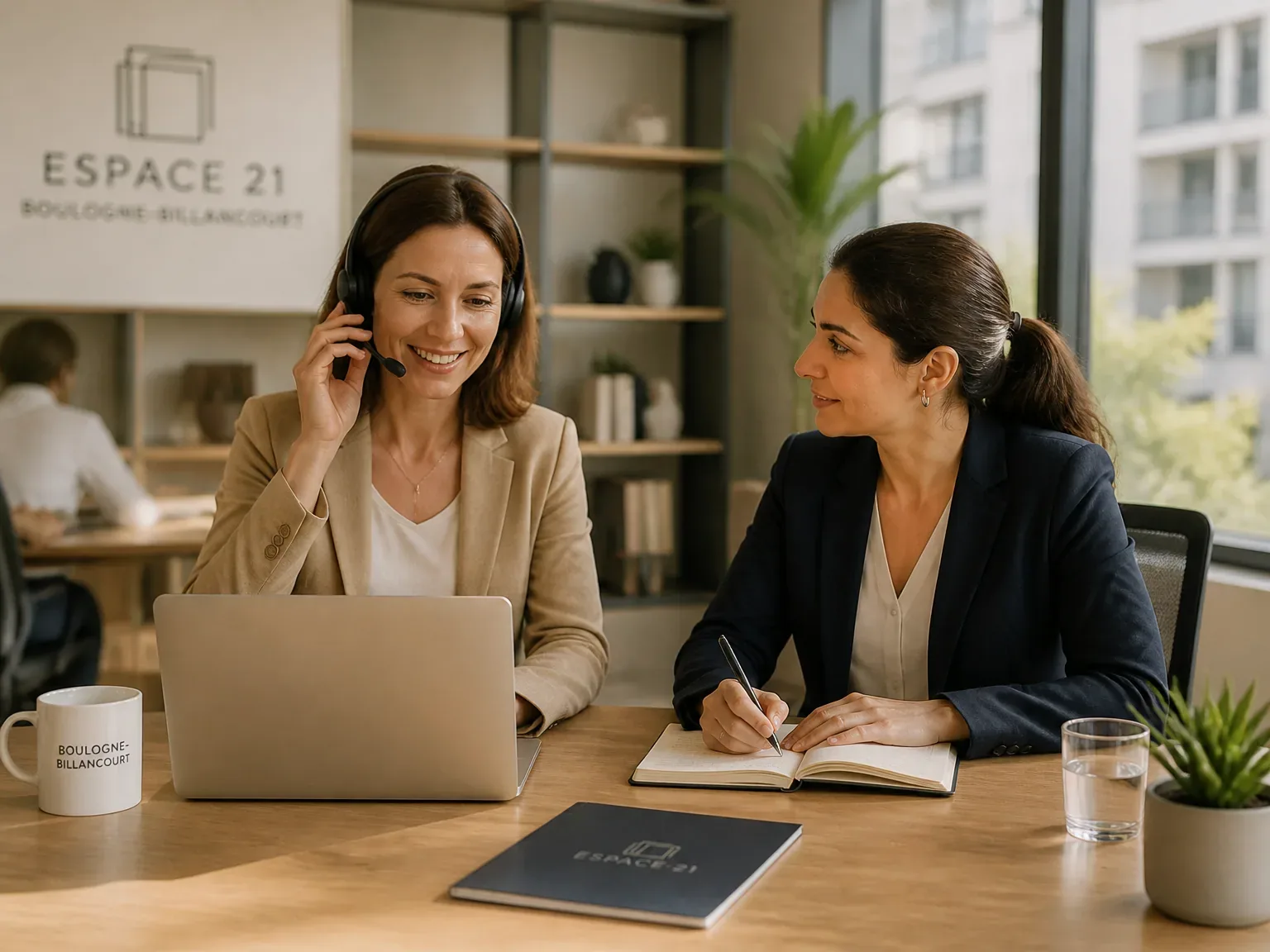 Client au téléphone dans un espace bureau moderne, ambiance professionnelle et chaleureuse