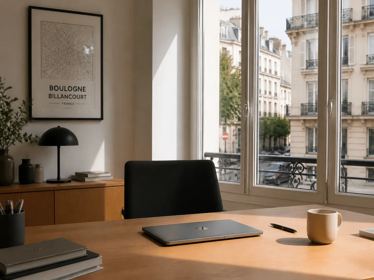 Ambiance intérieure d’un bureau calme et lumineux à Boulogne-Billancourt