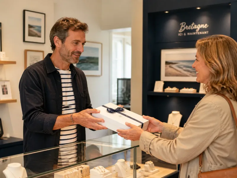Homme remettant un coffret à bijoux à une cliente souriante dans une boutique locale