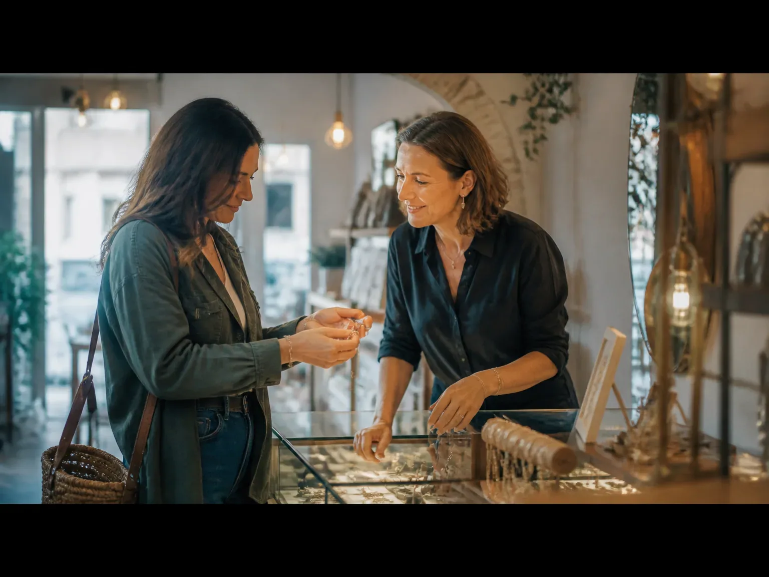 Client regardant un bracelet fantaisie dans une boutique lumineuse, accompagnement discret