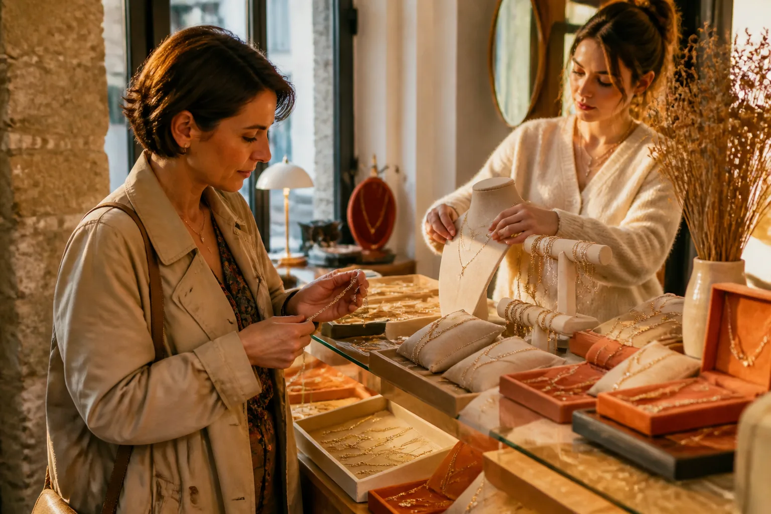 Vitrine de bijoux dans une boutique française.