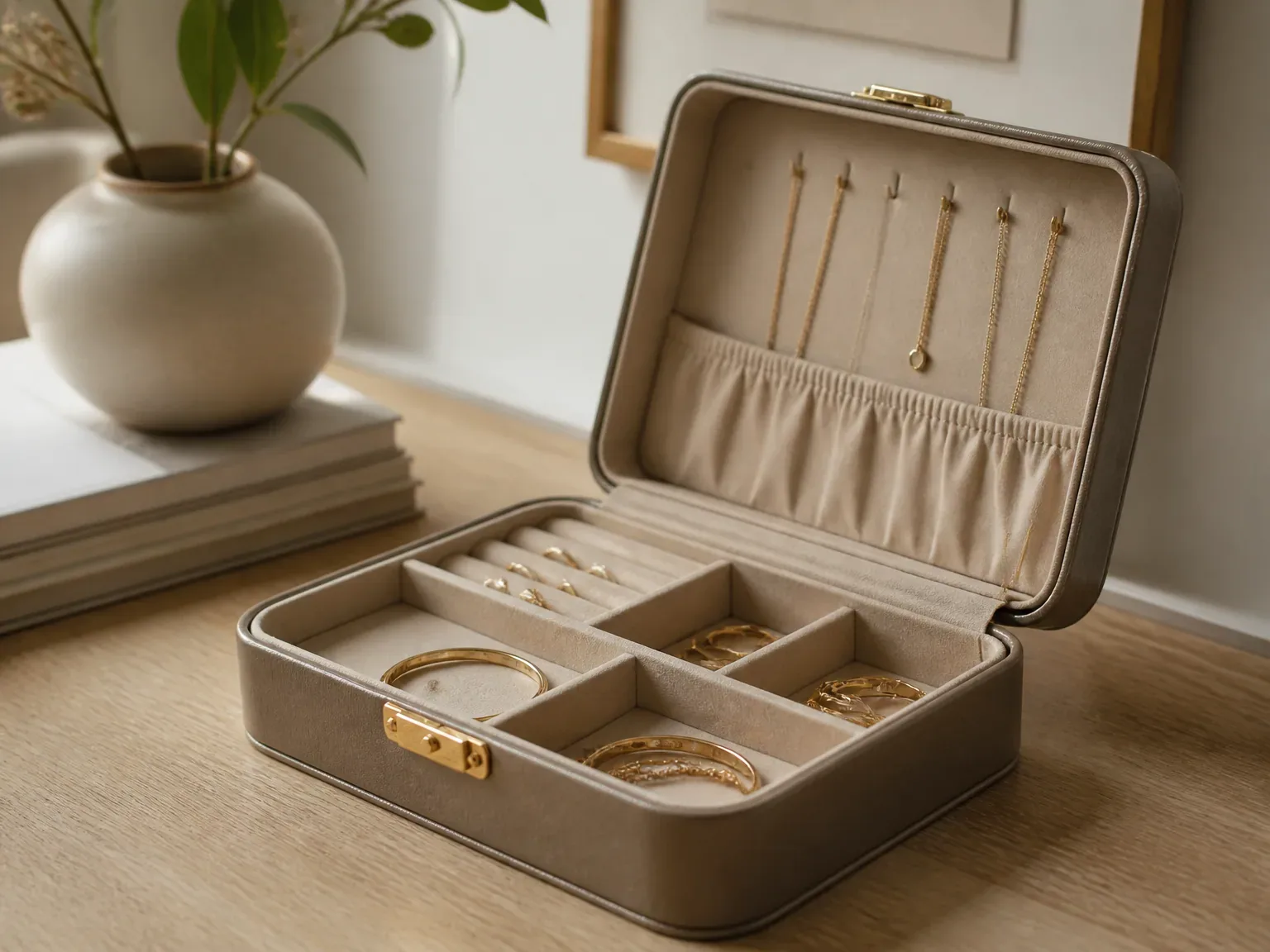Coffret à bijoux Serrine sur bureau en bois clair, lumière naturelle chaude