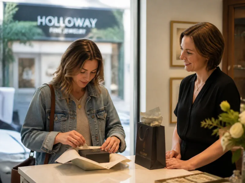 Client souriant après achat, emballage soigné, ambiance boutique locale