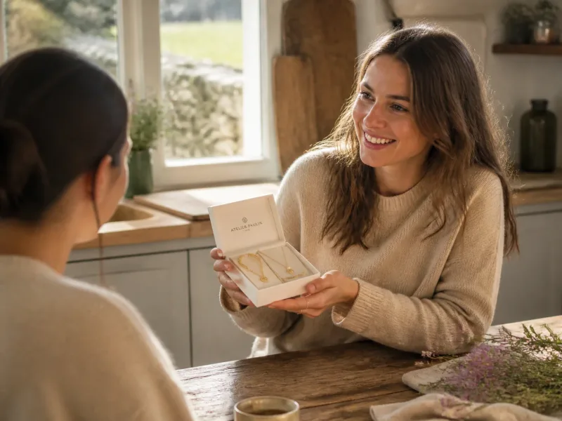 Femme montrant le coffret à bijoux à une amie dans une cuisine chaleureuse