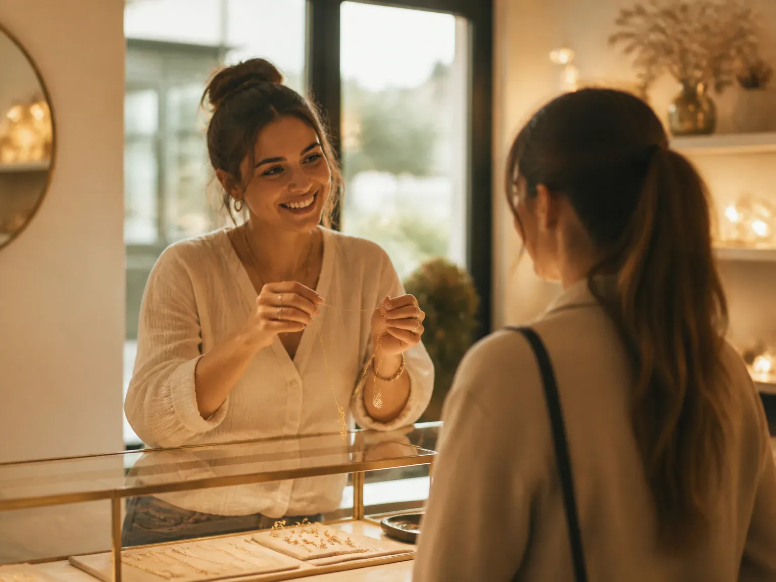 Boutique de bijoux avec vendeur aidant une cliente près d’un collier délicat, lumière naturelle chaude