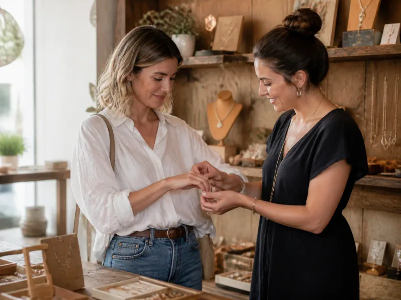Client essayant un bracelet avec un vendeur souriant dans la boutique