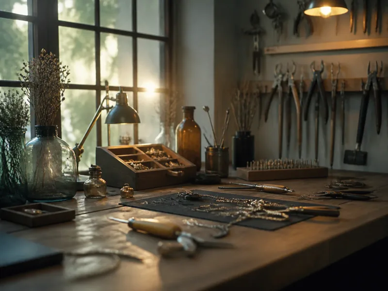 Intérieur d’atelier chaleureux avec établi et outils, lumière naturelle