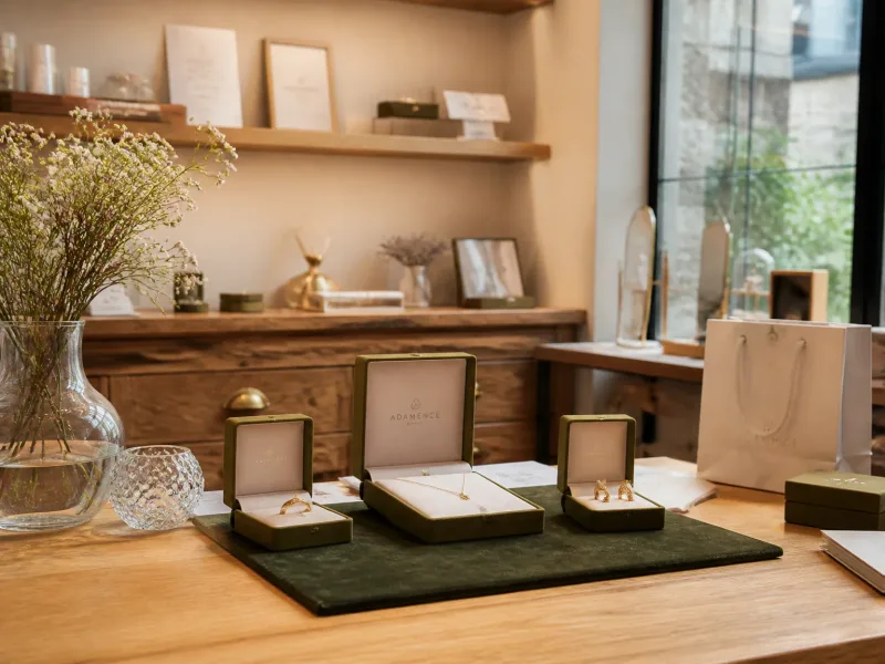 Vitrine d’une boutique de bijoux locale avec boîtes et textures chaudes