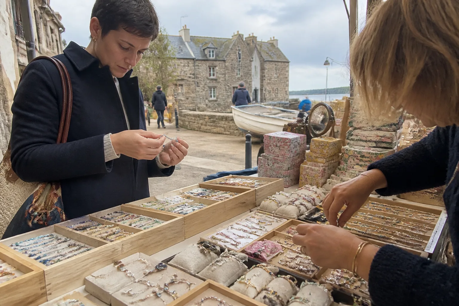 Vendeur de bijoux avec client dans une rue bretonne