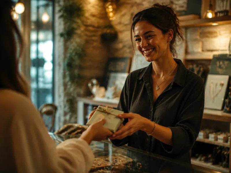 Échange souriant entre client et vendeuse autour d’un bijou fini