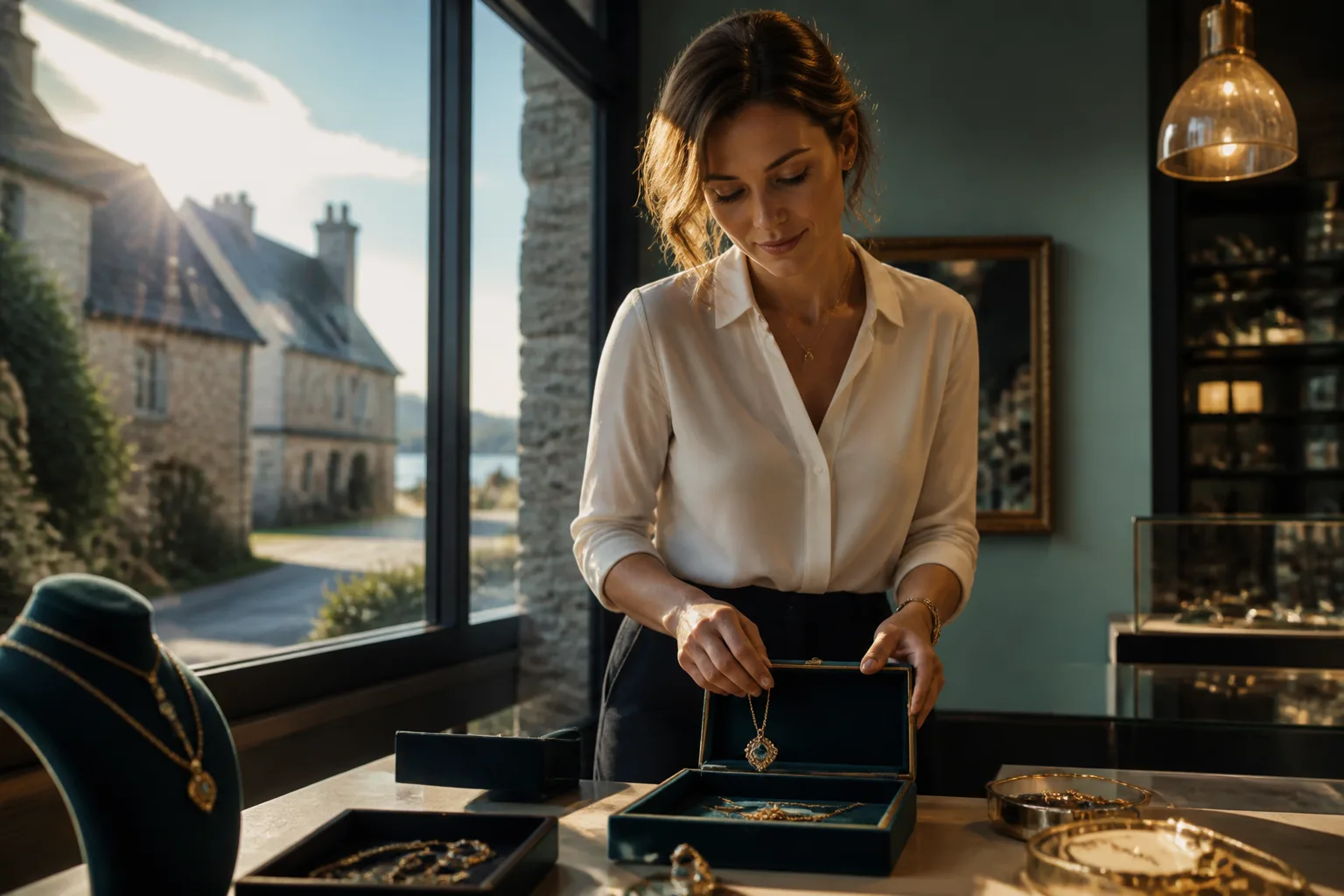 Vitrine de bijoux élégants sans marque, scène française