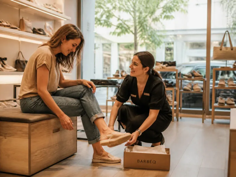 Cliente essayant une paire de chaussures avec un vendeur sympa dans une boutique locale