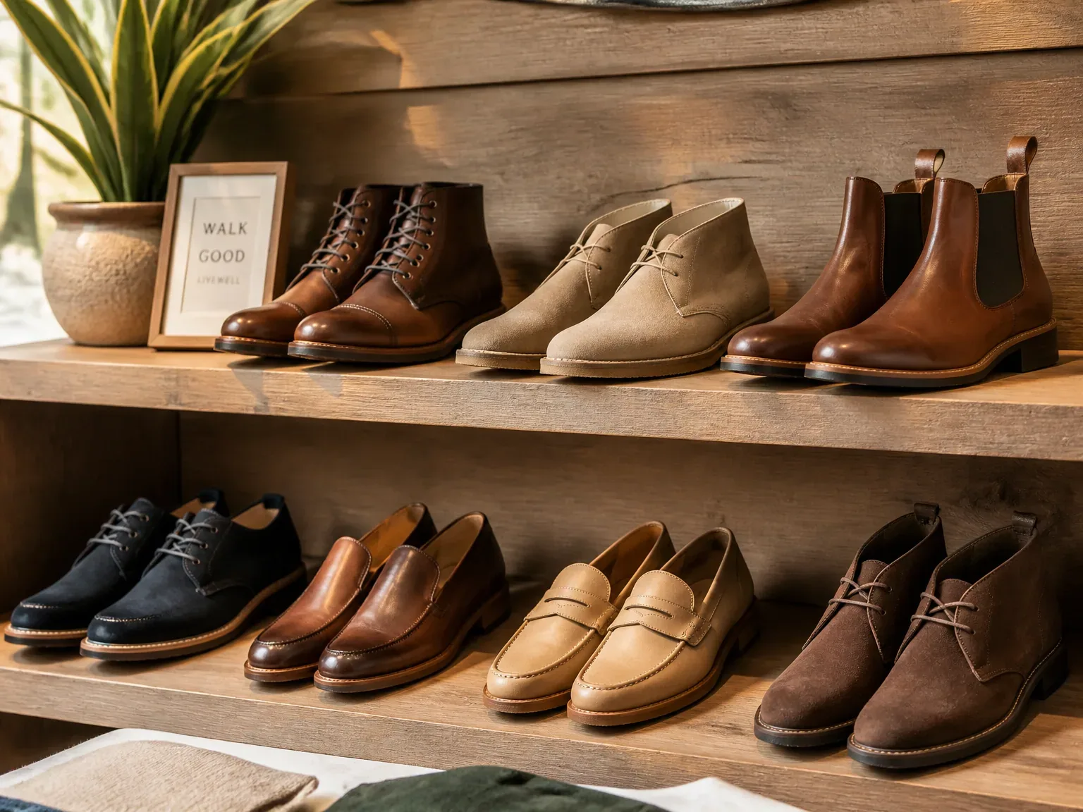 Vitrines de chaussures en boutique locale, lumière naturelle chaude