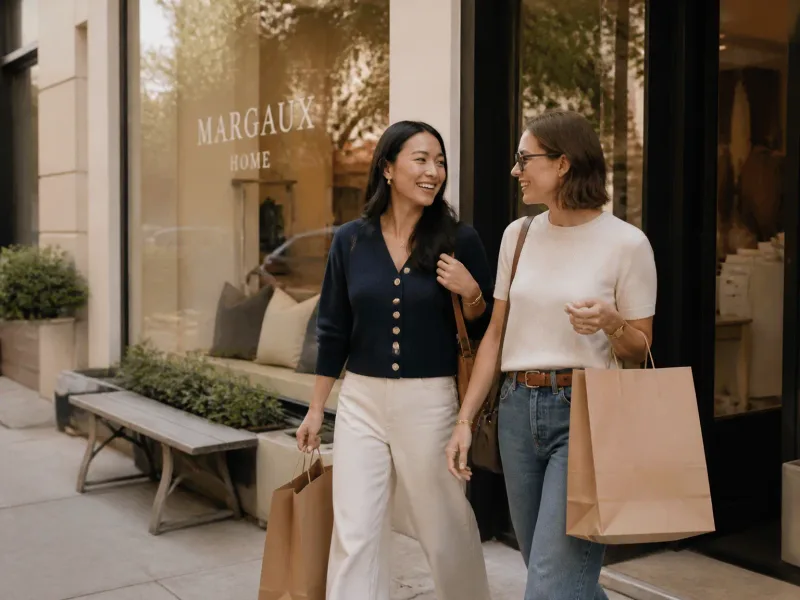 Deux clients sortant de la boutique avec sacs, ambiance voisine, lumière extérieure chaude