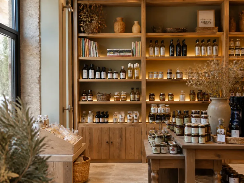 Intérieur de boutique avec étagères en bois et lumière chaude