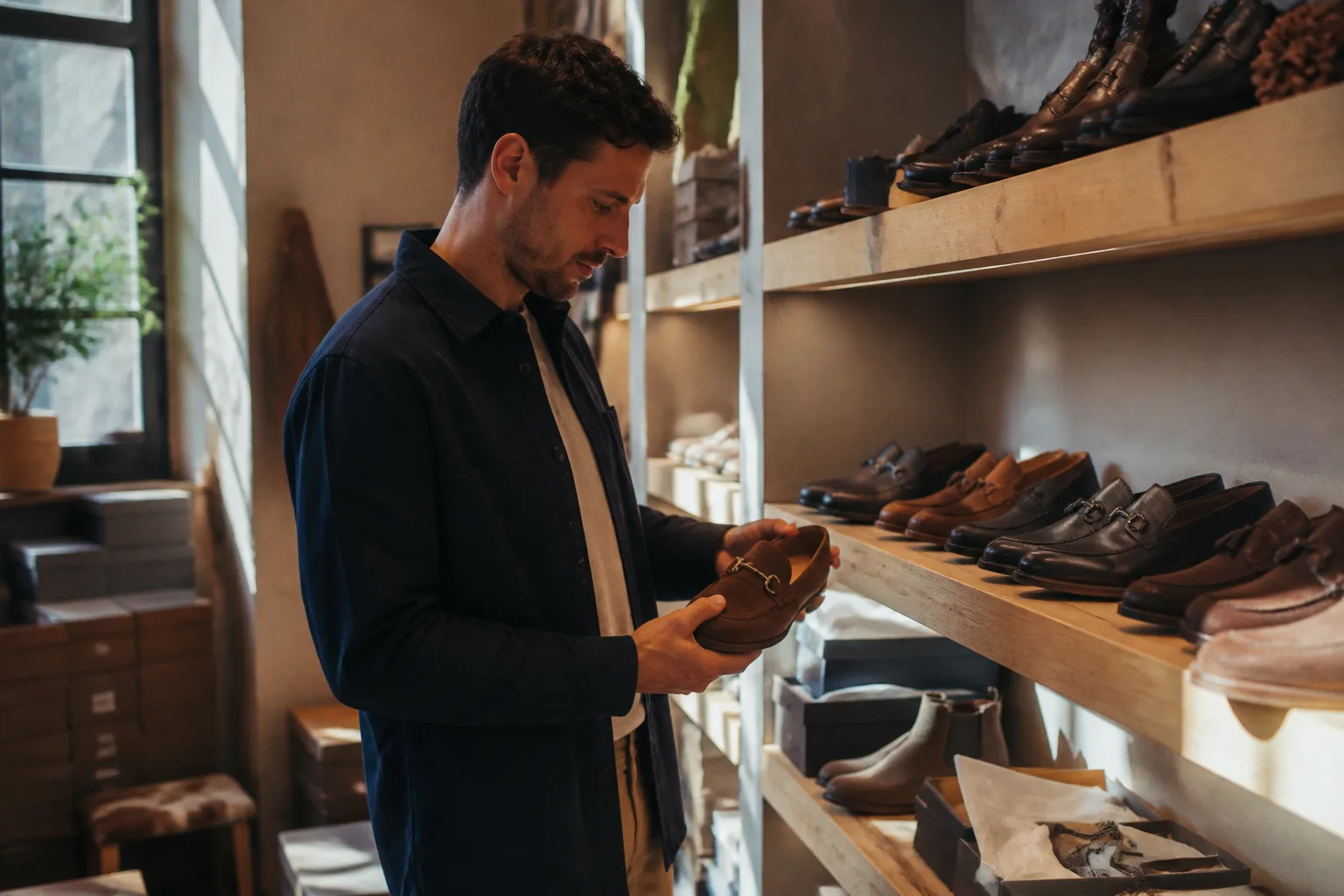 Vendeur examinant une paire de chaussures dans une boutique.