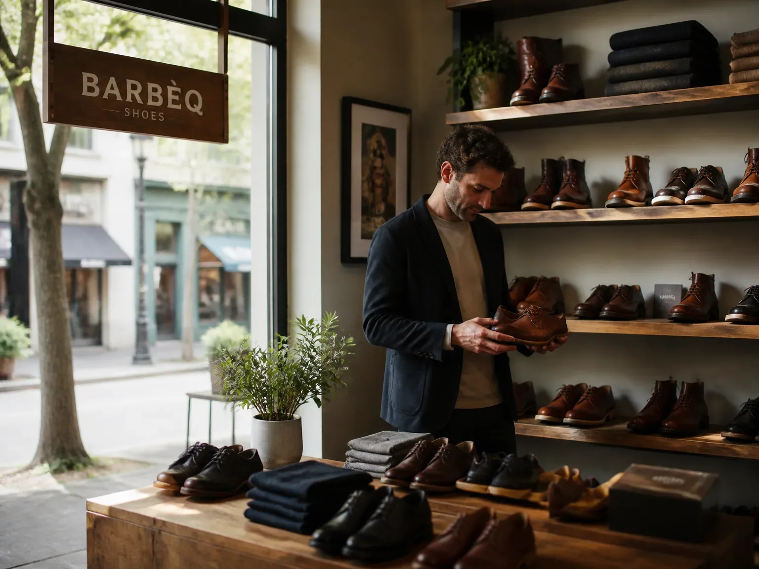 Intérieur boutique chaussures Barbèq, lumière naturelle, étagères bois, cliente décontractée choisissant des chaussures