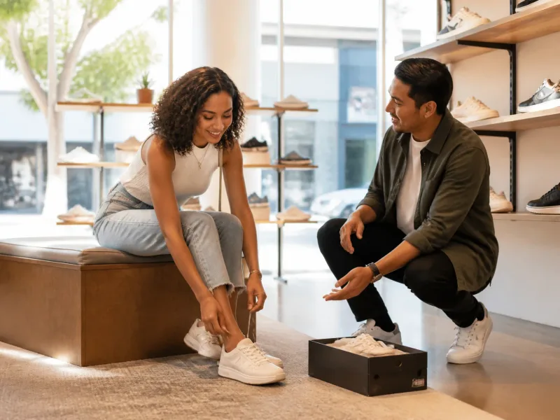 Cliente essayant des baskets dans la boutique, conseiller souriant, ambiance calme et moderne