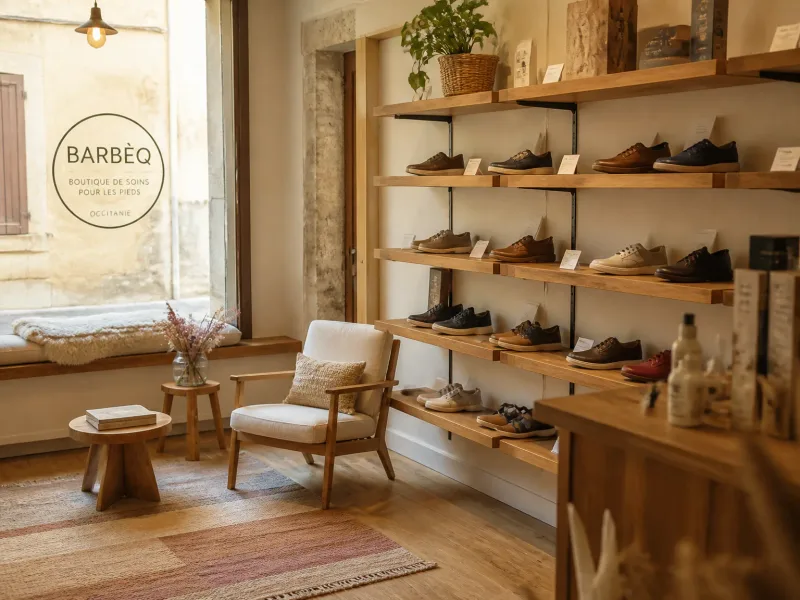 Ambiance de boutique chaleureuse avec exposition de chaussures et coin conseil.