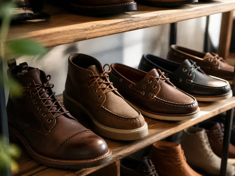 Plan serré sur affichage chaussures en boutique, textures cuir et textile, lumière douce