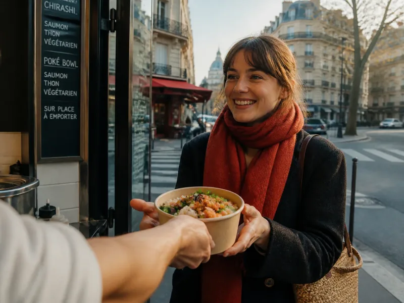 Client heureux recevant une portion, façade de Paris en arrière-plan