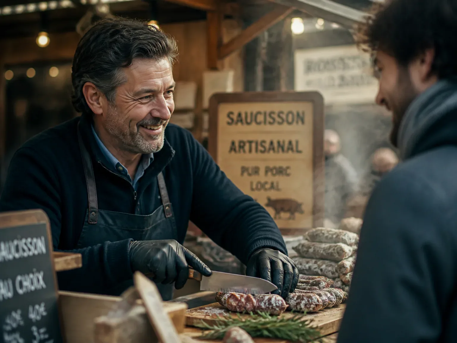 Vendeur en action lors d'une fête de saucisse, interaction avec un client, ambiance artisanal