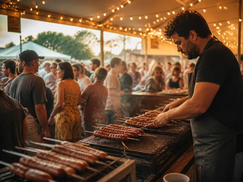 Ambiance d'un événement avec stands de saucisses et foule