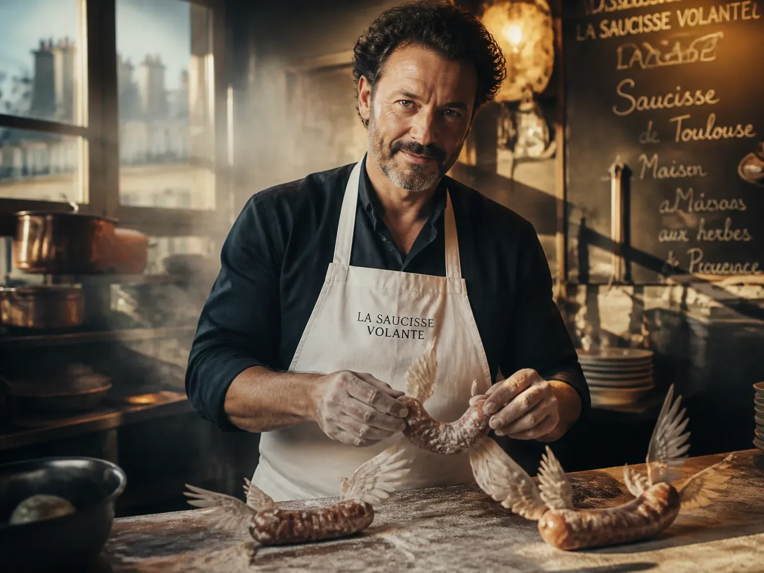 Chef travaillant dans cuisine artisanale, sausisses ailées, lumière naturelle chaude