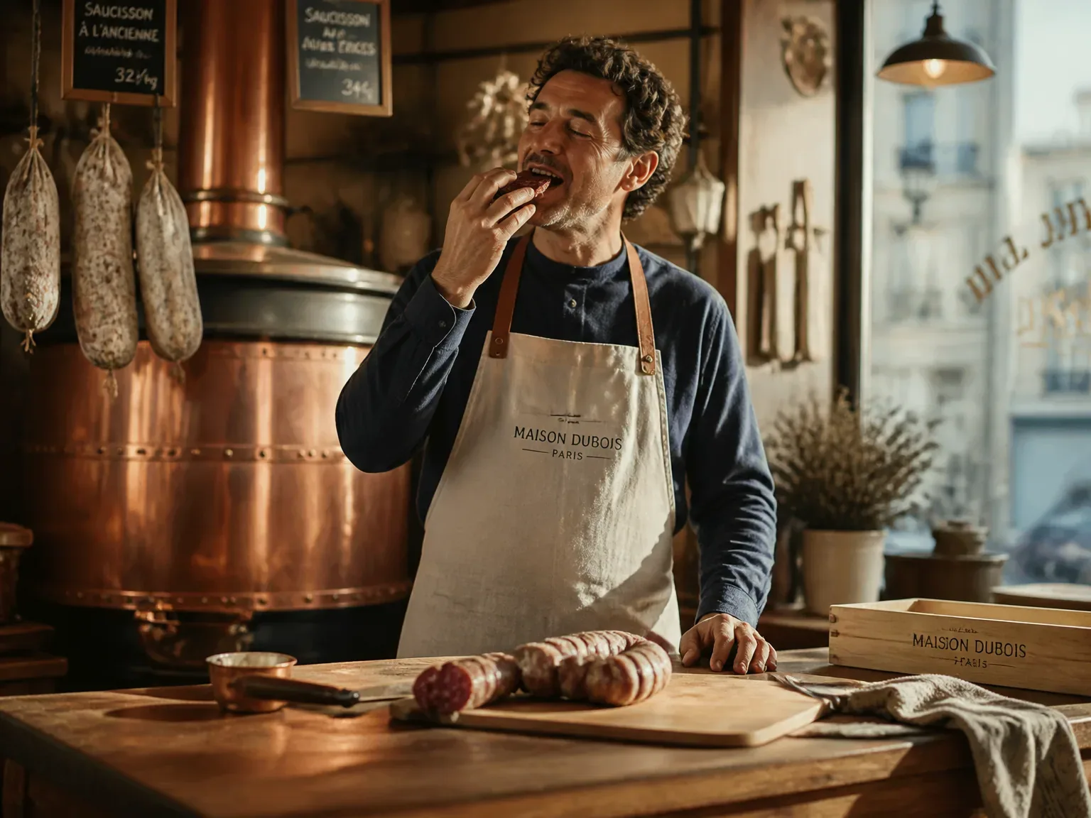 Artisan en atelier inspectant une saucisse sur mesure dans un atelier parisien