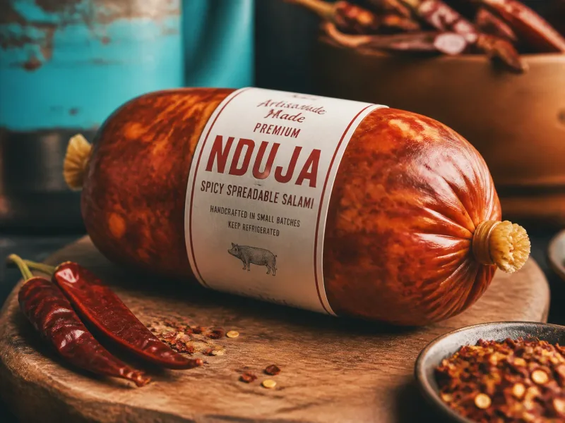 Saucisse prête à la dégustation sur plan de travail en bois, éclairage cinématique.