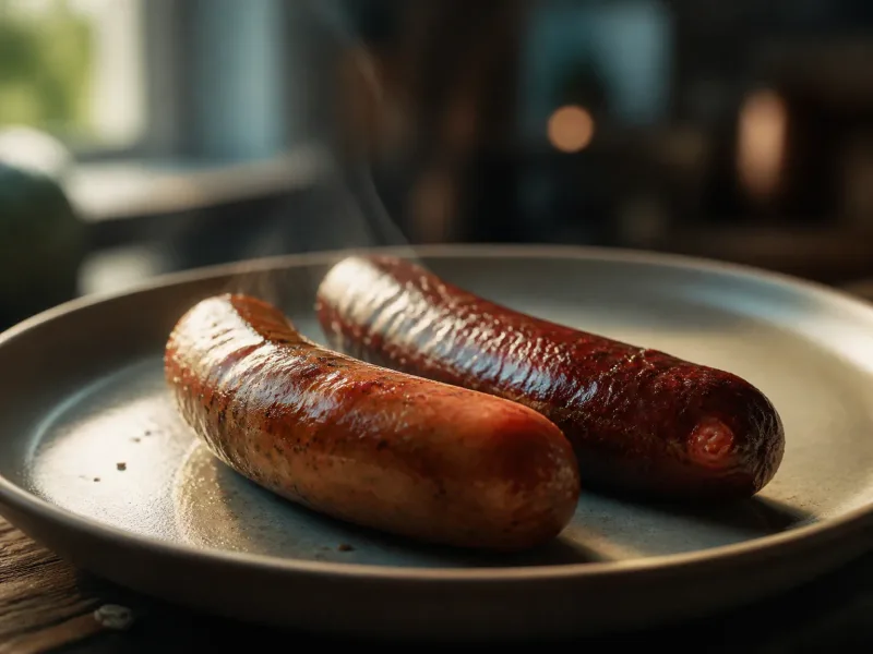 Gros plan sur des saucisses sur mesure disposées sur une assiette dans un cadre simple