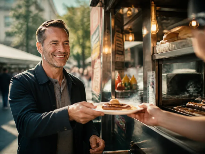 Client souriant recevant sa saucisse grillée dans un espace extérieur propre et lumineux.