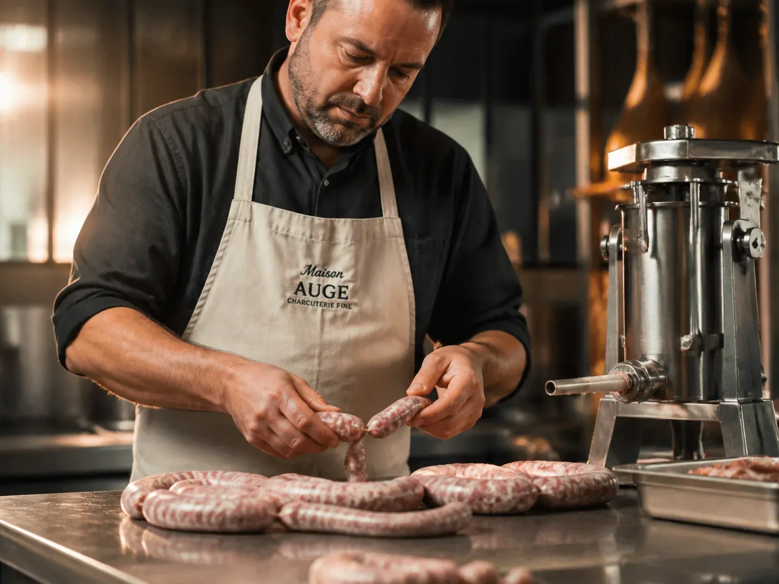 Main en train de former des saucisses dans un atelier, ambiance artisanale et fiable