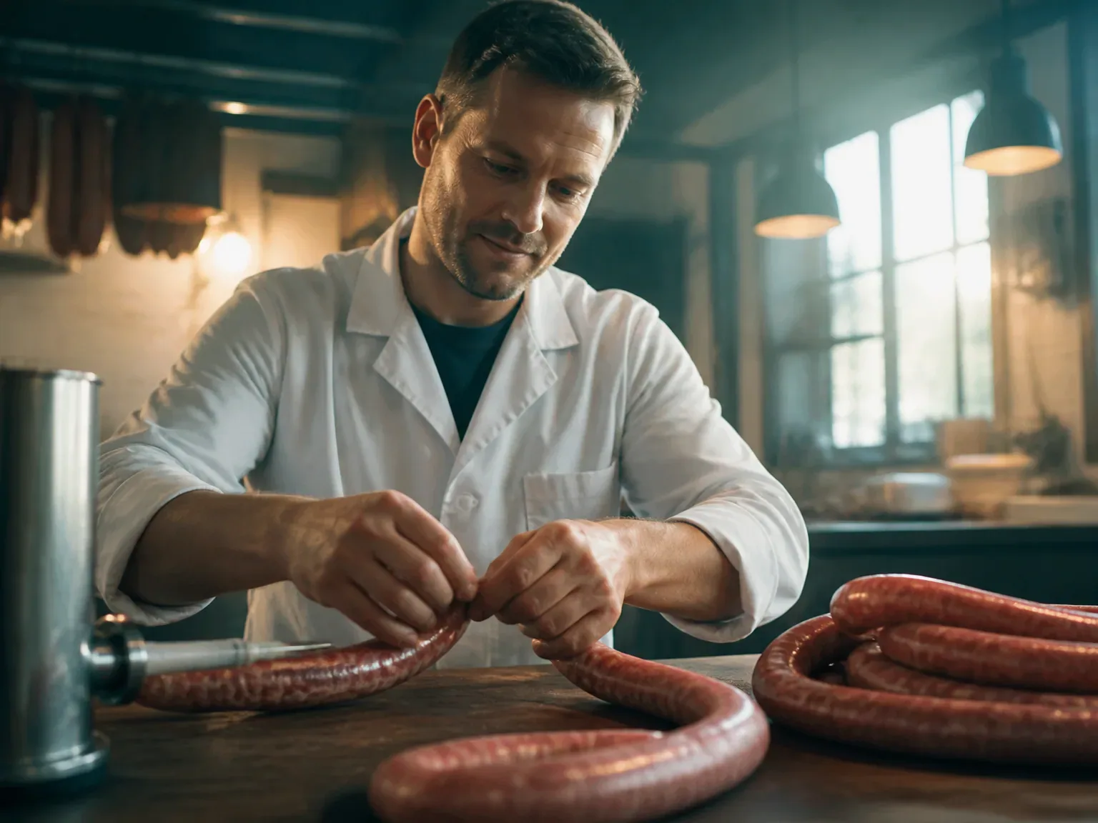 Artisan en train de façonner des saucisses dans un atelier propre et lumineux.