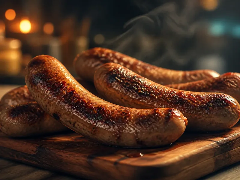 Close-up de saucisses grillées sur plan en bois, texture et cuisson mises en valeur.