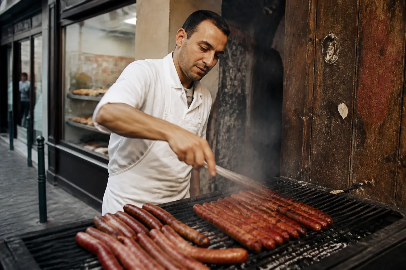 Scène de stand de saucisses grillées en rue