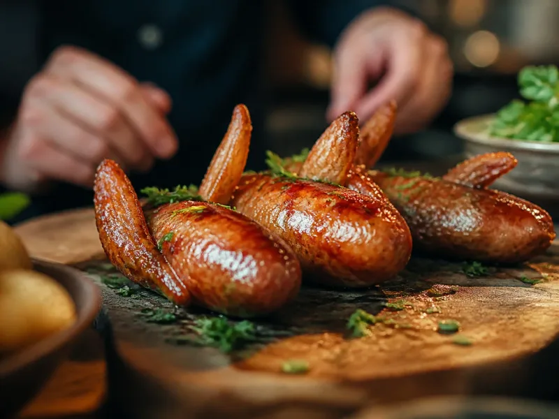 Assiette de saucisses ailées sur planche en bois, herbes, lumière chaude