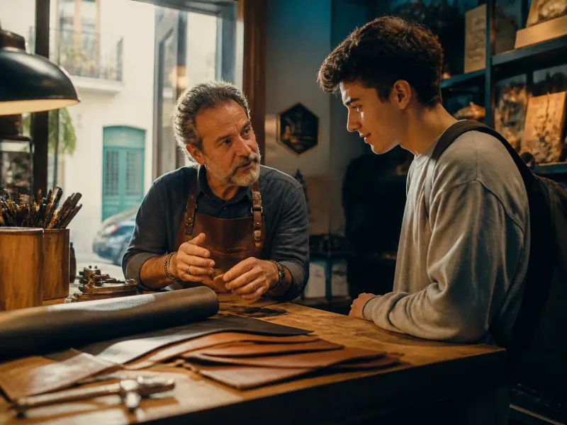Client curieux observant l’artisan expliquer la personnalisation des saucisses