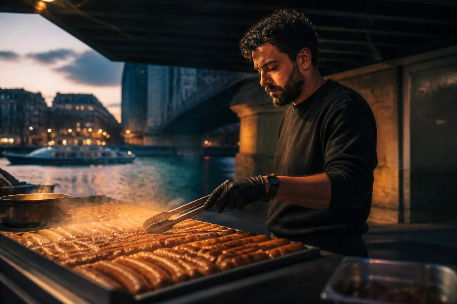 Saucisses grillées dans une scène parisienne