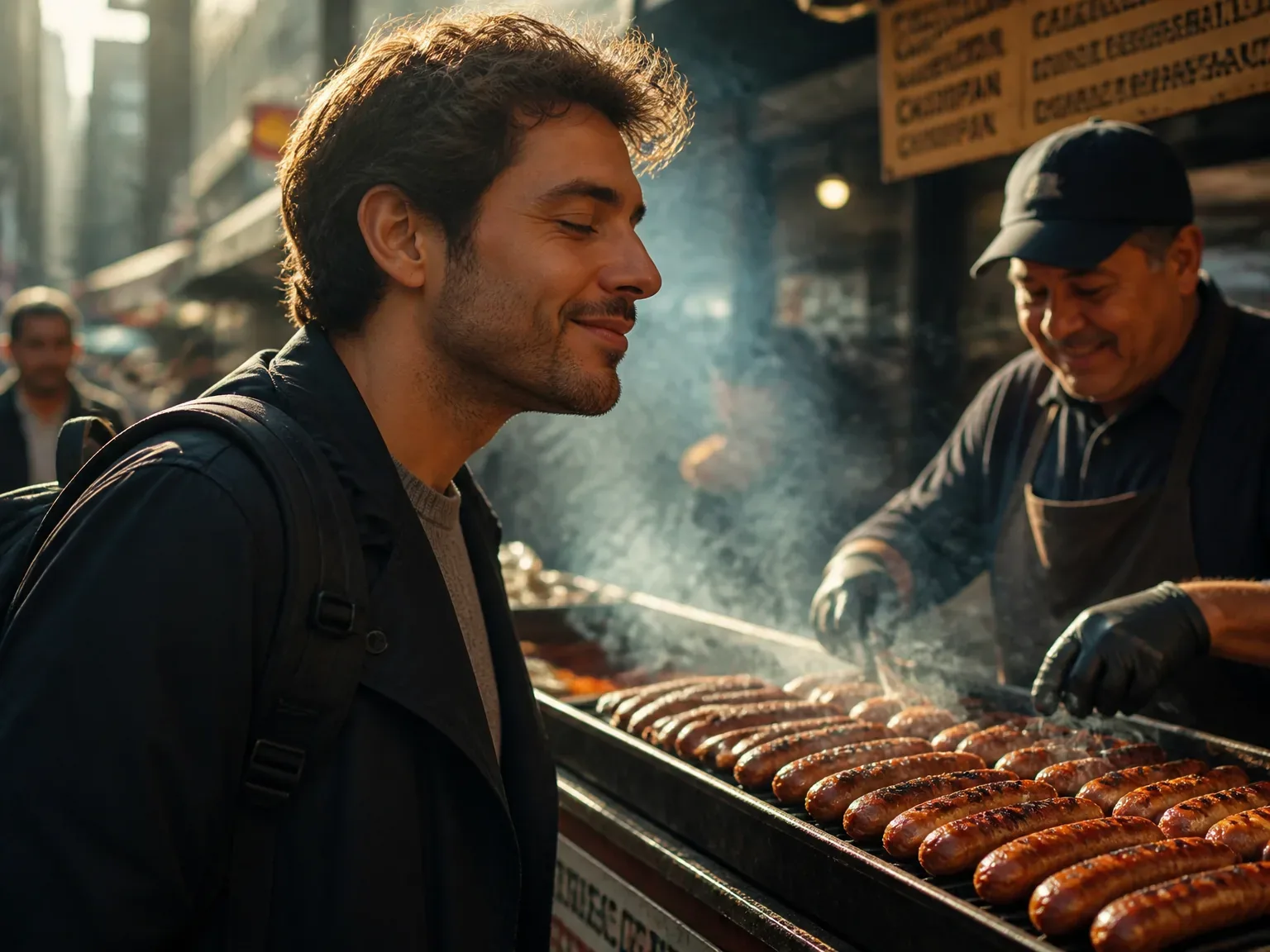 Passant apprécie une saucisse grillée dans un cadre urbain, stand de saucisses en arrière-plan.