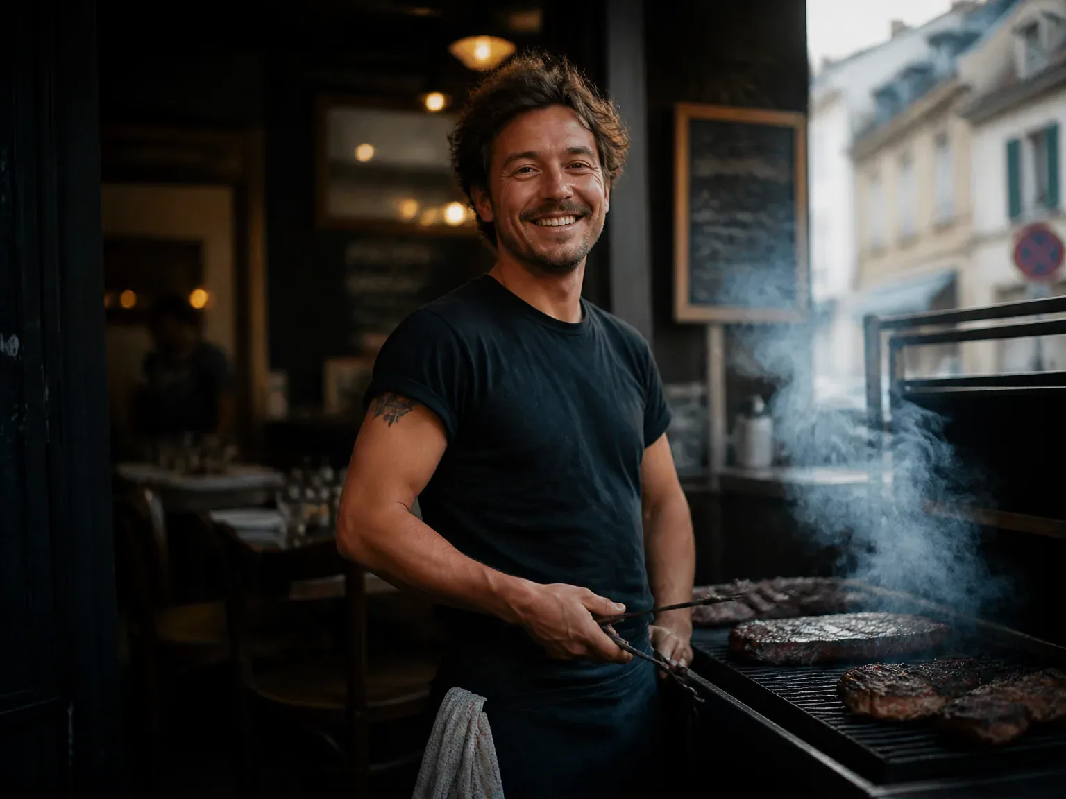 Portrait chaleureux d'un consommateur local près d'un barbecue dans un bistro parisien