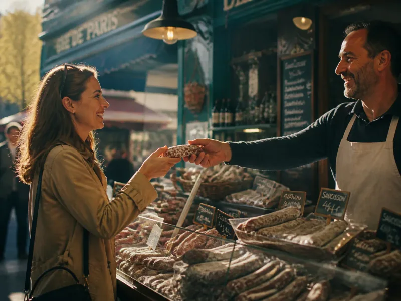 Client heureux près d'un stand de saucisses dans un marché parisien.