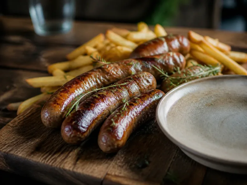 Plan serré sur assiette de saucisses à partager avec garnitures